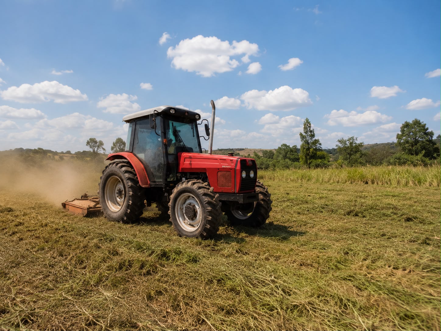 Trator com roçadeira em área externa